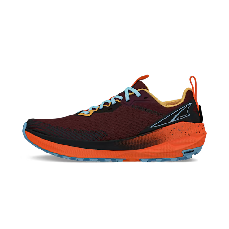 Side view of a red trail running shoe with bright orange accents and blue laces against a white background. 