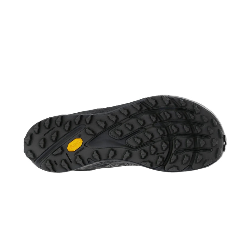 The bottom of a black running shoe on a white background