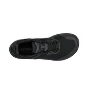 A black running shoe from above on a white background
