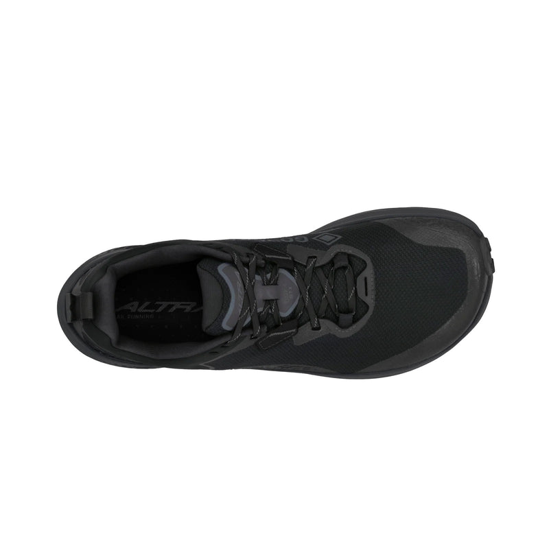 A black running shoe from above on a white background