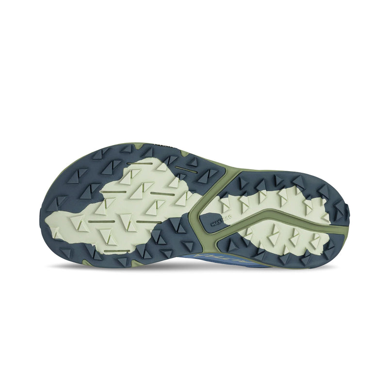 The bottom of a blue running shoe on a white background