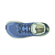A blue running shoe from above on a white background