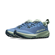A pair of blue running shoes with green bottoms on a white background