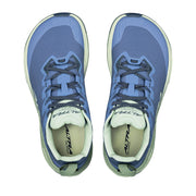 A pair of blue running shoes from above on a white background