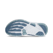 The bottom of a blue running shoe