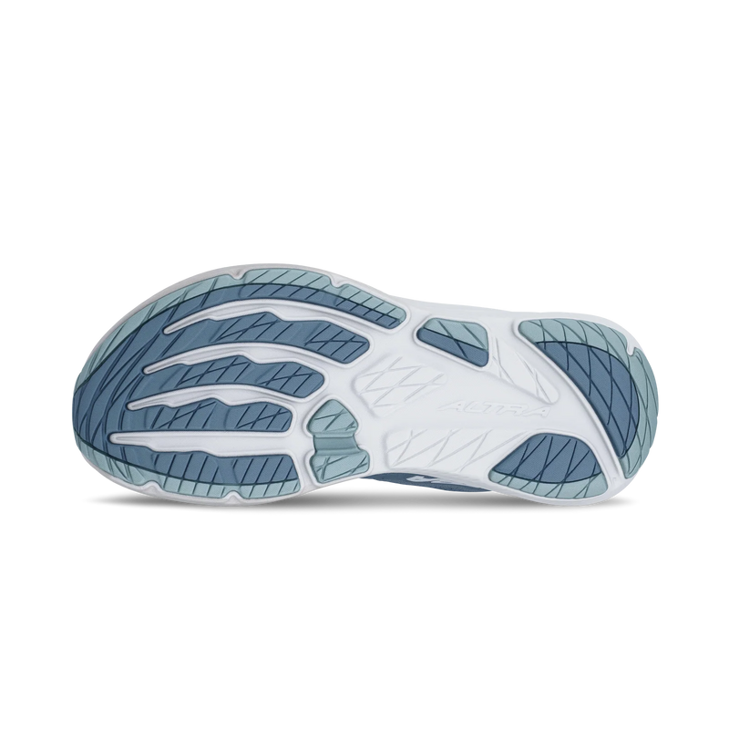 The bottom of a blue running shoe
