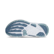 The bottom of a blue running shoe