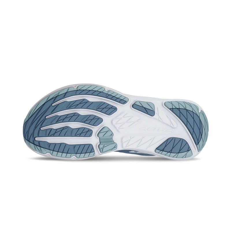 The bottom of a blue running shoe