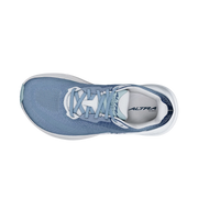 A blue running shoe from a birds eye view