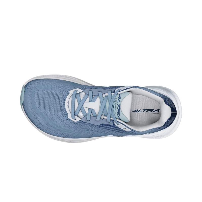 A blue running shoe from a birds eye view