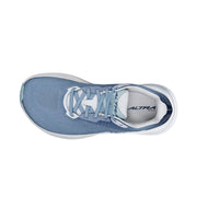 A blue running shoe from a birds eye view