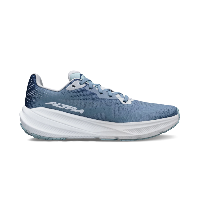 A blue running shoe with a white bottom