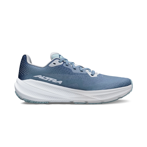 A blue running shoe with a white bottom