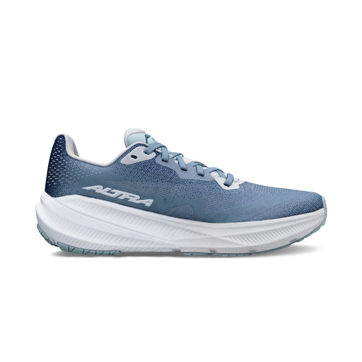 A blue running shoe with a white bottom
