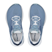 A pair of blue running shoes from a birds eye view