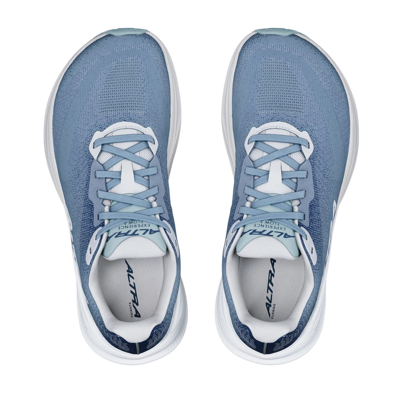 A pair of blue running shoes from a birds eye view