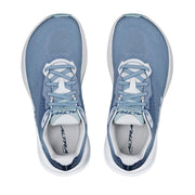 A pair of blue running shoes from a birds eye view
