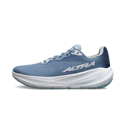 A blue running shoe with a white bottom