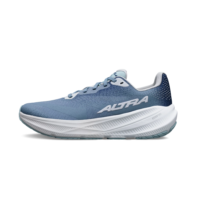 A blue running shoe with a white bottom