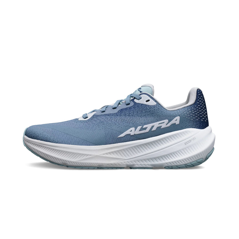 A blue running shoe with a white bottom