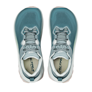 A pair of Altra running shoes in a muted teal blue color, shown from a top-down view on a solid white background.