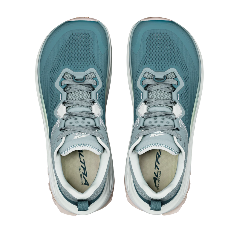A pair of Altra running shoes in a muted teal blue color, shown from a top-down view on a solid white background.