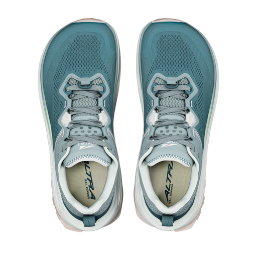 A pair of Altra running shoes in a muted teal blue color, shown from a top-down view on a solid white background.