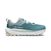A single Altra running shoe in a muted teal blue and light gray colorway, shown from the side against a solid white background. The shoe features a thick white midsole and a beige outsole.