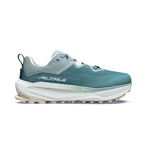 A single Altra running shoe in a muted teal blue and light gray colorway, shown from the side against a solid white background. The shoe features a thick white midsole and a beige outsole.