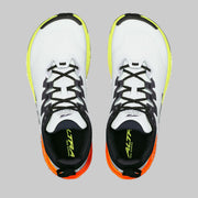 A pair of white running shoes from above on a white background