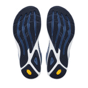 The bottom of a pair of running shoes on a white background