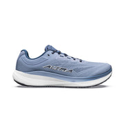 A light blue running shoe with a white bottom on a white background