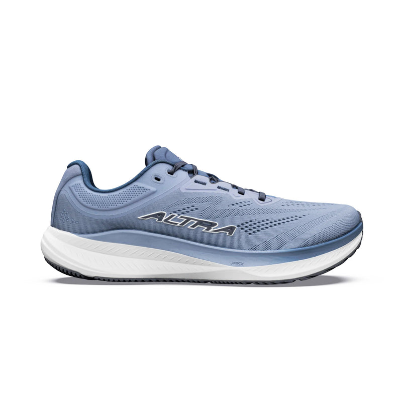A light blue running shoe with a white bottom on a white background