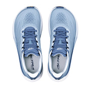 A pair of light blue running shoes from above on a white background