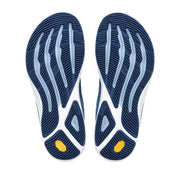The bottoms of a pair of light blue running shoes on a white background