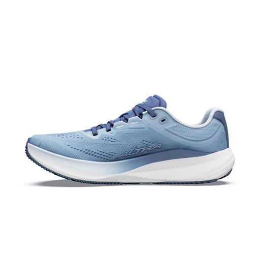 A light blue running shoe with a white bottom on a white background