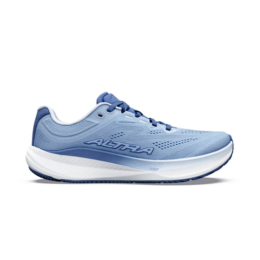 A light blue running shoe with a white bottom on a white background