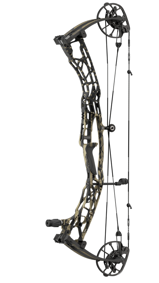 Compound bow with camouflage pattern on a white background