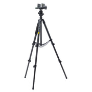 A black tripod with a quick-release head and leg locks, shown fully extended on a solid white background.