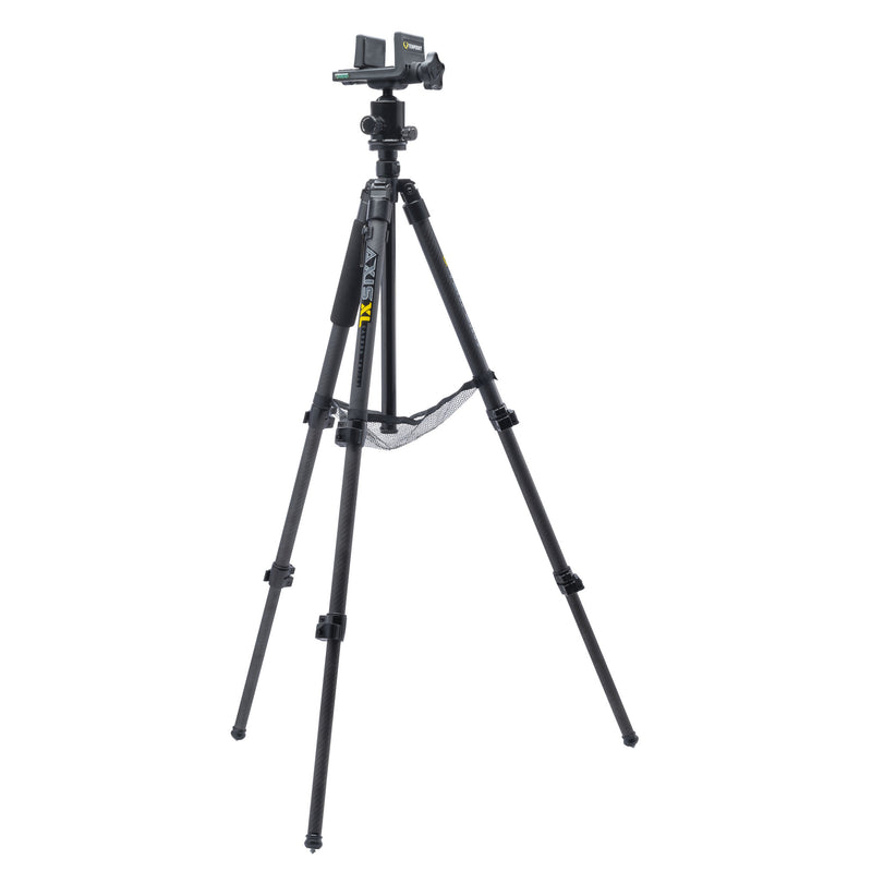 A black tripod with a quick-release head and leg locks, shown fully extended on a solid white background.