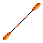 A black double sided paddle with orange blades and handles on a white background