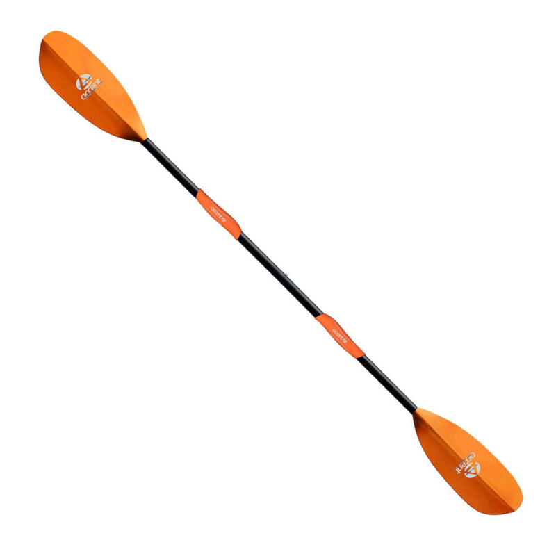 A black double sided paddle with orange blades and handles on a white background