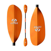 A close up on the paddles on a double sided paddle on a white background