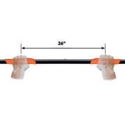 A diagram showing the distance of 26 inches between both handles on a black paddle on a white background