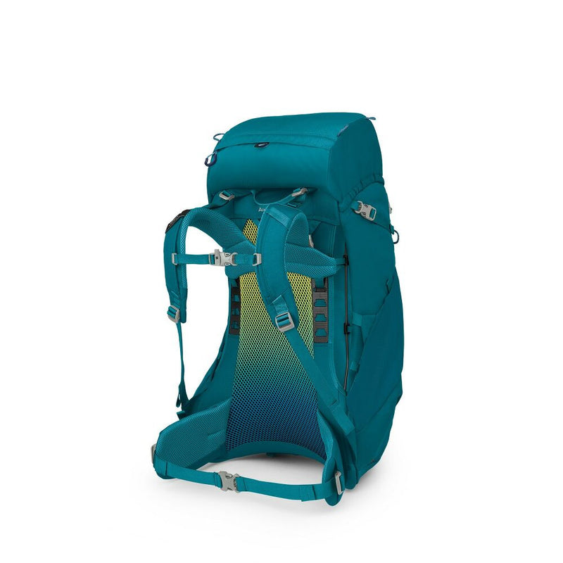 A blue hiking backpack on a white background