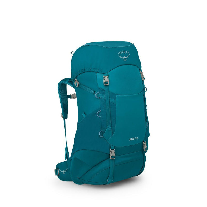 A blue hiking backpack on a white background