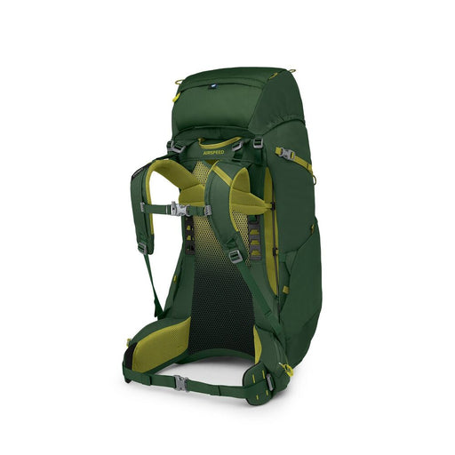 A green hiking backpack with yellow details on a white background
