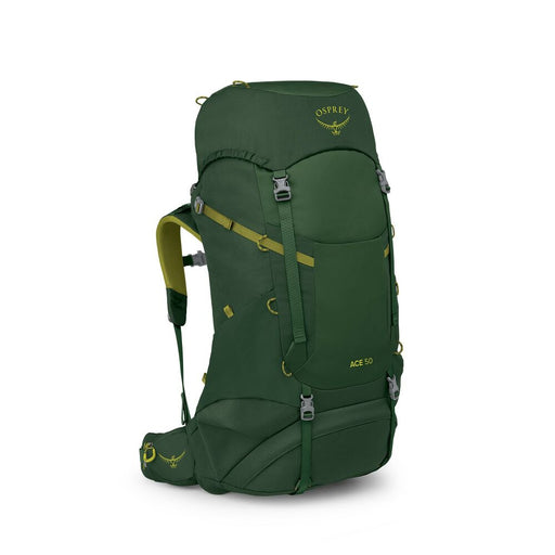 A green hiking backpack with yellow details on a white background