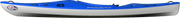 Side view of a blue and white kayak on a white background.