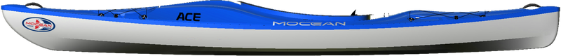 Side view of a blue and white kayak on a white background.